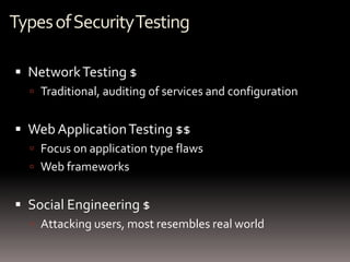 Types of Security Testing

 Network Testing $
   Traditional, auditing of services and configuration


 Web Application Testing $$
   Focus on application type flaws
   Web frameworks


 Social Engineering $
   Attacking users, most resembles real world
 