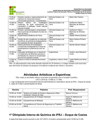 MINISTÉRIO DA EDUCAÇÃO
                                                                 SECRETARIA DE EDUCAÇÃO PROFISSIONAL E TECNOLÓGICA
                                                        Instituto Federal de Educação, Ciência e Tecnologia do Rio de Janeiro
                                                                                                    Campus Duque de Caxias


13:30 às     Estudos visando o reaproveitamento de        Ciências Exatas e da            Maria Inês Teixeira
14:00 h      resíduos do „abrico-de-macaco‟               Terra
             (Couroupita guianensis - Lecytidaceae)
14:00h às    Estudo      teórico   em     modelagem       Ciências Exatas e da            Guilherme Veloso
14:30h       molecular da ação antioxidante do            Terra                           Machado de Almeida
             resveratrol e análogos, frente radicais                                      Vilela
             nocivos à saúde
14:30h às    Síntese, caracterização e propriedades       Ciências Exatas e da            Guilherme Veloso
15:00h       físico-químicas do biodiesel oriundos de     Terra                           Machado de Almeida
             óleo de fritura                                                              Vilela
15:00h às    Experimentos Didáticos de Física             Ciências Exatas e da            Rafael Pereira Santana
15:30h                                                    Terra
15:30h às    Adição de sais inorgânicos na obtenção       Ciências Exatas e da            Maria Celiana Pinheiro
16:00h       dos filmes de polímeros biodegradáveis       Terra                           Lima
             em presença de óleo de girassol
16:00h às    Desenvolvimento de embalagens                Ciências Exatas e da            Rachel Oliveira Nasser
16:30h       comestíveis biodegradáveis a base de         Terra
             amido/pectina e proteínas do soro do
             leite
16:30h às    Aplicação da flotação por ar dissolvido      Engenharias                     Hudson Jean Bianquini
17:00h       no tratamento de efluentes aquosos e                                         Couto
             da flotação em coluna na recuperação
             de finos da indústria mineral
17:00h às    Cultura e mídia na baixada fluminense        Lingüística, Letras e Artes     Jupter Martins de Abreu
17:30h                                                                                    Júnior
Obs: As apresentações orais terão duração máxima de 20 minutos e o tempo restante será reservado
para discussão do projeto de pesquisa com plateia composta por alunos e docentes.



                    Atividades Artísticas e Esportivas
           Obs: todas as atividades abaixo ocorrerão em paralelo com a Jornada Científica
                                     (10/11/2010 de 13:00h às 17:30h)
1- Jogo de Basquete entre funcionários (técnico-administrativos e docentes) e alunos do IFRJ – Duque de Caxias
2- Jogos de Futsal e apresentações de dança


    Horário                                Palestra                                     Prof. Responsável
18:00h às 18:40h    Sistema de Gestão de Saúde e Segurança e Meio                    Marcus Vinícius
                    Ambiente / Estudo de Caso
18:40h às 19:20h    Equipamentos de Proteção Individual                              Paulo R. Malheiros de
                                                                                     Moraes
19:20h às 20:00h    Equipamentos de Medição                                          Paulo R. Malheiros de
                                                                                     Moraes
20:00h às 20:40h    A Importância do Técnico de Segurança no Trabalho                Paulo R. Malheiros de
                    Naval                                                            Moraes




1ª Olimpíada Interna de Química do IFRJ – Duque de Caxias
A etapa final deste evento ocorrerá no dia 10/11/2010, no horário compreendido entre 18:30h às 21:00h
 