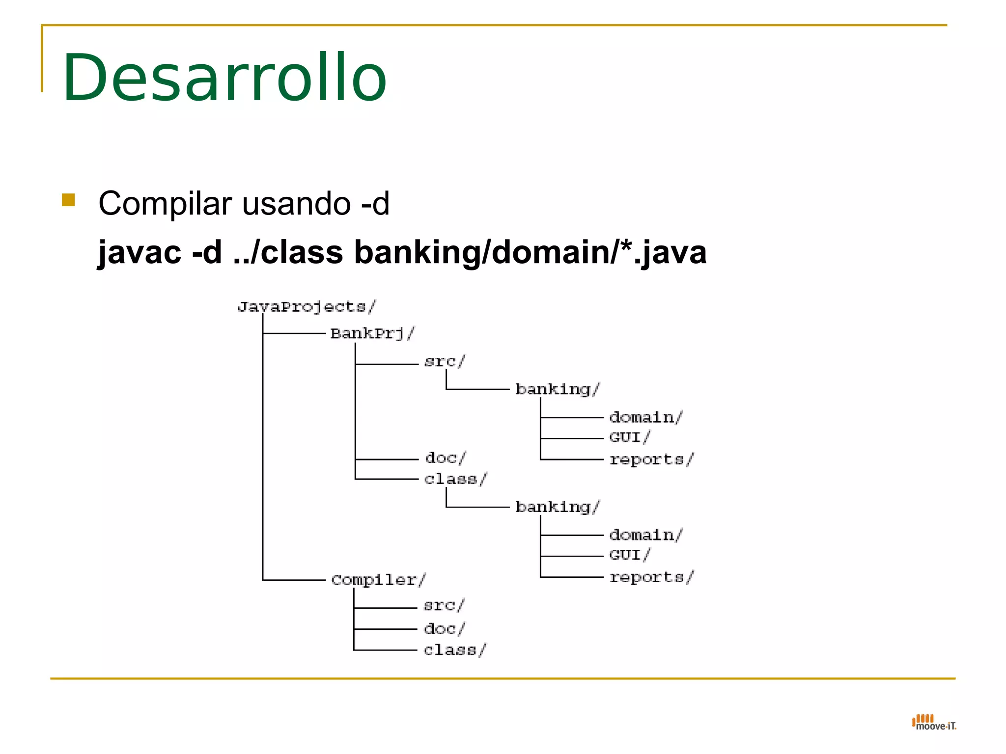 Desarrollo
   Compilar usando -d
    javac -d ../class banking/domain/*.java
 