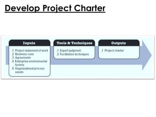 Develop Project Charter
The process of
developing the
project charter.
Expert judgment is
applied to
technical and
management
aspects by
individuals or
groups with
 