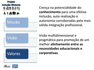 Crença na potencialidade do
conhecimento para uma efetiva
inclusão, auto realização e
autonomia corroboradas pela mais
sólida integração profissional.
Visão multidimensional e
pragmática para promoção de um
melhor alinhamento entre as
necessidades educacionais e
corporativas.
Missão
Visão
Valores
 