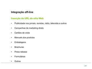 Integração off-line

Inserção do URL do sítio Web

•    Publicidade nos jornais, revistas, rádio, televisão e outros

•    Campanhas de marketing direto

•    Cartões de visita

•    Manuais dos produtos

•    Embalagens

•    Brochuras

•    Press release

•    Formulários

•    Outros

                                                                    | 57
 