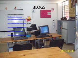 BLOGS
•   BLOGS DE CADA NIVEL ACADEMICO
•
•   http://inforsexto.blogspot.com/        - SEXTO
•
•   http://magdalenaortega.blogspot.com/   - SEPTIMO
•
•
•   http://magdalenaortega5.blogspot.com/ - OCTAVO
•
•
•   http://magdalenaortega2.blogspot.com/ - NOVENO
•
•
•   http://infordecimo.blogspot.com/       - DECIMO
•
•
•   http://magdalenaortega3.blogspot.com/ - UNDECIMO
•
•
 