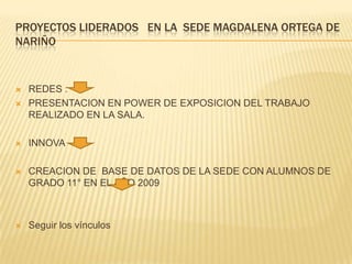 PROYECTOS LIDERADOS EN LA SEDE MAGDALENA ORTEGA DE
NARIÑO



   REDES :
   PRESENTACION EN POWER DE EXPOSICION DEL TRABAJO
    REALIZADO EN LA SALA.

   INNOVA

   CREACION DE BASE DE DATOS DE LA SEDE CON ALUMNOS DE
    GRADO 11° EN EL AÑO 2009



   Seguir los vínculos
 