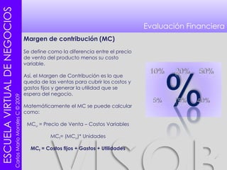 Evaluación FinancieraMargen de contribución (MC)Se define como la diferencia entre el precio de venta del producto menos su costo variable. Así, el Margen de Contribución es lo que queda de las ventas para cubrir los costos y gastos fijos y generar la utilidad que se espera del negocio. Matemáticamente el MC se puede calcular como:MCu= Precio de Venta – Costos VariablesMCt= (MCu)* Unidades MCt = Costos fijos + Gastos + Utilidades%10%     20%    50%5%       15%      40%
