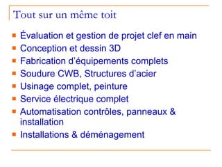 Tout sur un même toit Évaluation et gestion de projet clef en main Conception et dessin 3D  Fabrication d’équipements complets Soudure CWB, Structures d’acier Usinage complet, peinture Service électrique complet Automatisation contrôles, panneaux & installation Installations & déménagement 