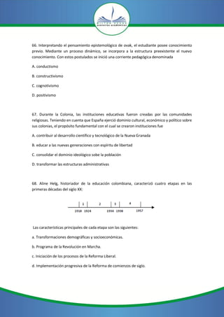 66. Interpretando el pensamiento epistemológico de ovak, el estudiante posee conocimiento
previo. Mediante un proceso dinámico, se incorpora a la estructura preexistente el nuevo
conocimiento. Con estos postulados se inició una corriente pedagógica denominada
A. conductismo
B. constructivismo
C. cognotivismo
D. positivismo
67. Durante la Colonia, las instituciones educativas fueron creadas por las comunidades
religiosas. Teniendo en cuenta que España ejerció dominio cultural, económico y político sobre
sus colonias, el propósito fundamental con el cual se crearon instituciones fue
A. contribuir al desarrollo científico y tecnológico de la Nueva Granada
B. educar a las nuevas generaciones con espíritu de libertad
C. consolidar el dominio ideológico sobe la población
D. transformar las estructuras administrativas
68. Aline Helg, historiador de la educación colombiana, caracterizó cuatro etapas en las
primeras décadas del siglo XX:
Las características principales de cada etapa son las siguientes:
a. Transformaciones demográficas y socioeconómicas.
b. Programa de la Revolución en Marcha.
c. Iniciación de los procesos de la Reforma Liberal.
d. Implementación progresiva de la Reforma de comienzos de siglo.
 