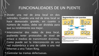 FUNCIONALIDADES DE UN PUENTE
• Dividir una red de área local en dos
subredes. Cuando una red de área local se
hace demasiado grande, en cuanto a
número de nodos, debe ser dividida para
que su rendimiento sea mejor.
• Interconectar dos redes de área local,
pudiendo tener protocolos de nivel de
enlace o medios de transmisión distintos.
Como puede ser la interconexión de una
red inalámbrica a una de cable o una red
Ethernet a otra Token Ring.
• Controlar las tramas defectuosas.
 
