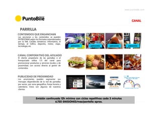 www.puntobile.com



                                                                                                 CANAL

  PARRILLA
CONTENIDOS QUE ENGANCHAN
Las secciones y los contenidos se pueden
PATROCINAR según los formatos estandarizados
por la IAB. Canales temáticos: informativo, el
tiempo, el tráfico, deportes, motor, viajar,
tecnología, etc                                     patrocinio   patrocinio   patrocinio      patrocinio




CANAL CORPORATIVO DEL AFILIADO
El cliente propietario de las pantallas o el
franquiciado utiliza 1/3 del canal para
promocionar productos y servicios locales y de
proximidad, con acceso directo al gestor de
contenidos



PUBLICIDAD DE PROXIMIDAD
Los anunciantes pueden segmentar sus
mensajes dependiendo de la red de pantallas
por sector, por zona geográfica, franja horaria y
calendario. Estos son algunos de nuestros
clientes



                    Emisión continuada 12h mínimo con ciclos repetitivos cada 3 minutos
                                   6.720 EMISIONES/mes/pantalla aprox.
 