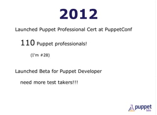 2012
Launched Puppet Professional Cert at PuppetConf


  110 Puppet professionals!
      (I’m #28)



Launched Beta for Puppet Developer

  need more test takers!!!
 