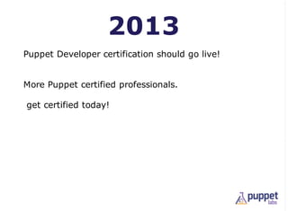 2013
Puppet Developer certification should go live!


More Puppet certified professionals.

get certified today!
 