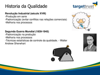 Historia da Qualidade
Revolução Industrial (século XVIII)
-Produção em serie
-Padronização (evitar conflitos nas relações comerciais)
-Melhoria nos processos
Segunda Guerra Mundial (1939-1945)
-Padronização na produção
-Melhoria nos processos
-Técnicas estatísticas de controle da qualidade. - Walter
Andrew Sherwhart
 