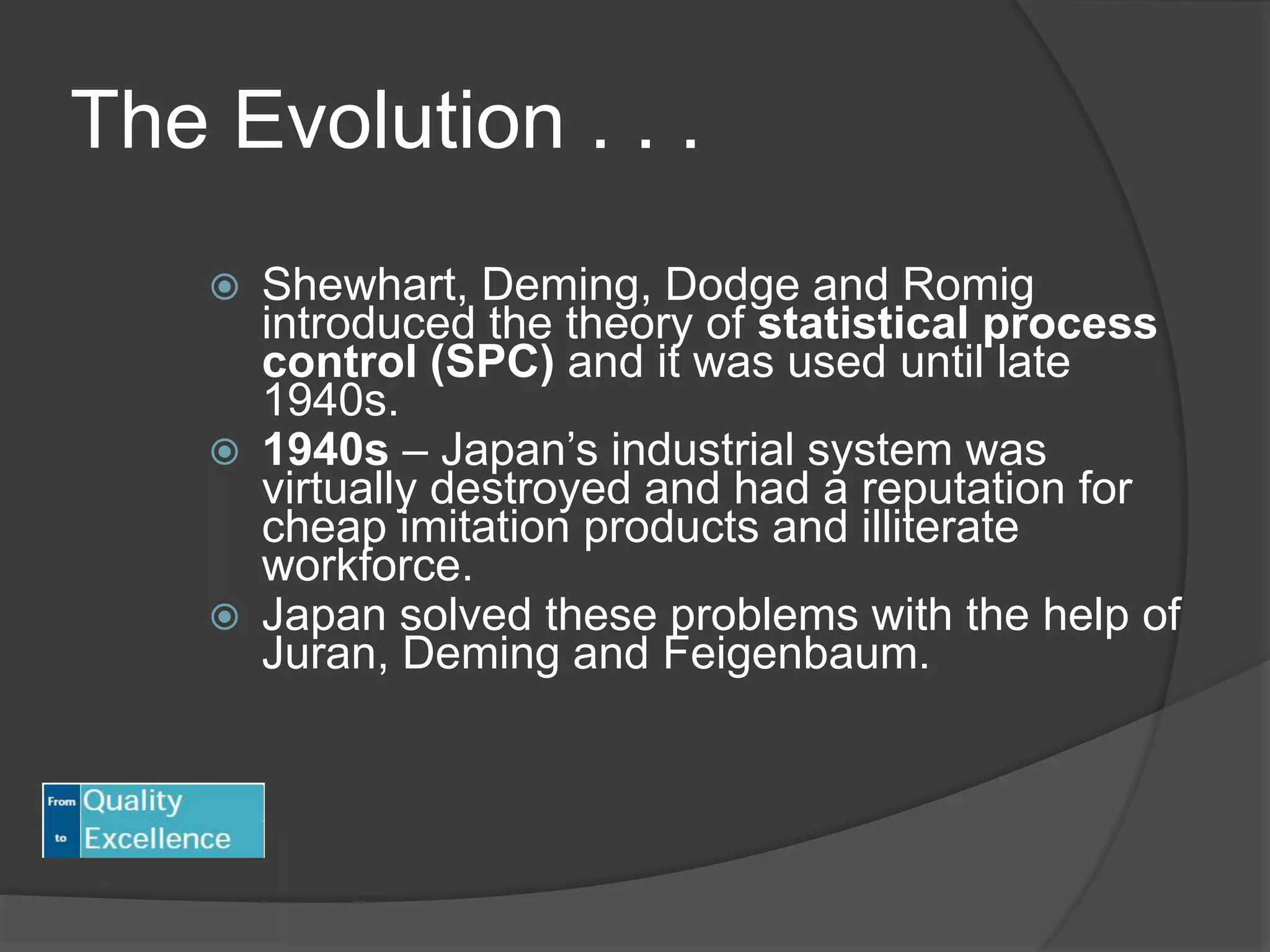 The Evolution . . .
 Shewhart, Deming, Dodge and Romig
introduced the theory of statistical process
control (SPC) and it was used until late
1940s.
 1940s – Japan’s industrial system was
virtually destroyed and had a reputation for
cheap imitation products and illiterate
workforce.
 Japan solved these problems with the help of
Juran, Deming and Feigenbaum.
 