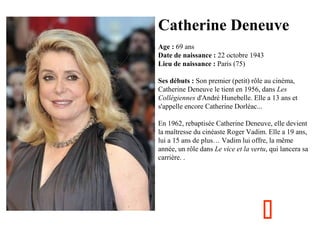 Catherine Deneuve
Age : 69 ans
Date de naissance : 22 octobre 1943
Lieu de naissance : Paris (75)
Ses débuts : Son premier (petit) rôle au cinéma,
Catherine Deneuve le tient en 1956, dans Les
Collégiennes d'André Hunebelle. Elle a 13 ans et
s'appelle encore Catherine Dorléac...
En 1962, rebaptisée Catherine Deneuve, elle devient
la maîtresse du cinéaste Roger Vadim. Elle a 19 ans,
lui a 15 ans de plus… Vadim lui offre, la même
année, un rôle dans Le vice et la vertu, qui lancera sa
carrière. .



 