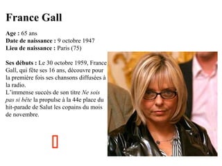 France Gall
Age : 65 ans
Date de naissance : 9 octobre 1947
Lieu de naissance : Paris (75)
Ses débuts : Le 30 octobre 1959, France
Gall, qui fête ses 16 ans, découvre pour
la première fois ses chansons diffusées à
la radio.
L’immense succès de son titre Ne sois
pas si bête la propulse à la 44e place du
hit-parade de Salut les copains du mois
de novembre.



 
