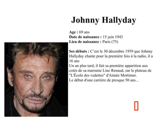 Johnny Hallyday
Age : 69 ans
Date de naissance : 15 juin 1943
Lieu de naissance : Paris (75)
Ses débuts : C’est le 30 décembre 1959 que Johnny
Hallyday chante pour la première fois à la radio, il a
16 ans
Un an plus tard, il fait sa première apparition aux
cotés de sa marraine Line Renaud, sur le plateau de
"L'École des vedettes" d'Aimée Mortimer.
Le début d'une carrière de presque 50 ans...



 