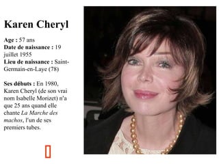 Karen Cheryl
Age : 57 ans
Date de naissance : 19
juillet 1955
Lieu de naissance : SaintGermain-en-Laye (78)
Ses débuts : En 1980,
Karen Cheryl (de son vrai
nom Isabelle Morizet) n’a
que 25 ans quand elle
chante La Marche des
machos, l’un de ses
premiers tubes.



 