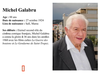 Michel Galabru
Age : 88 ans
Date de naissance : 27 octobre 1924
Lieu de naissance : Safi, Maroc
Ses débuts : Eternel second rôle du
cinéma comique français, Michel Galabru
a connu la gloire à 36 ans dans les années
1960 avec les films cultes La Guerre des
boutons et Le Gendarme de Saint-Tropez.



 