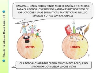 HAYA PAZ…, NIÑOS. TODOS TENÉIS ALGO DE RAZÓN. EN REALIDAD,
 PARA CASI TODOS LOS PROCESOS NATURALES HAY DOS TIPOS DE
  EXPLICACIONES: UNAS SON MÍTICAS, FANTÁSTICAS O INCLUSO
             MÁGICAS Y OTRAS SON RACIONALES




  CASI TODOS LOS GRIEGOS CREÍAN EN LOS MITOS PORQUE NO
           SABÍAN EXPLICAR MEJOR LO QUE VEÍAN
 