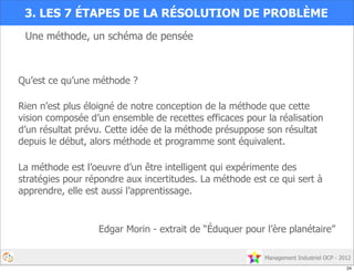 Management Industriel OCP - 2012
3. LES 7 ÉTAPES DE LA RÉSOLUTION DE PROBLÈME
Une méthode, un schéma de pensée
Qu’est ce qu’une méthode ?
Rien n’est plus éloigné de notre conception de la méthode que cette
vision composée d’un ensemble de recettes efficaces pour la réalisation
d’un résultat prévu. Cette idée de la méthode présuppose son résultat
depuis le début, alors méthode et programme sont équivalent.
La méthode est l’oeuvre d’un être intelligent qui expérimente des
stratégies pour répondre aux incertitudes. La méthode est ce qui sert à
apprendre, elle est aussi l’apprentissage.
Edgar Morin - extrait de “Éduquer pour l’ère planétaire”
24
 
