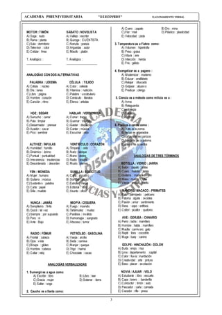 3
ACADEMIA PREUNIVERSITARIA “DISCOVERY” RAZONAMIENTO VERBAL
MOTOR :TIMÓN SÁBATO :NOVELISTA
A) Soga : nudo A) Vallejo : escritor
B) Rama : planta B) Quiroga : CUENTISTA
C)Sala : dormitorio C)Neruda : poesía
D) Televisor : color D) Arguedas : autor
E) Celular : línea E) filósofo : platón
T. Analógico : T. Analógico :
_________________ _____________________
ANALOGÍAS CON DOS ALTERNATIVAS
PALABRA : LEXEMA CÉLULA : TEJIDO
A) Célula : núcleo A) Color : celeste
B) Día : lunes B) Vitamina : nutrición
C)Libro : página C)Palabra : vocabulario
D) Hombre : corazón D) Cenáculo : literatos
E) Canción : ritmo E) Elenco : artistas
HOZ : SEGAR HABLAR : VERBORREA
A) Serrucho : cerrar A) Correr : tramo
B) Pala : limpiar B) Quemar : incendio
C)Desarmador : prensar C)Gastar : disipación
D) Azadón : cavar D) Cantar : música
E) Pico: sembrar E) Escuchar : oído
ALTIVEZ : ÍNFULAS VENTRÍCULO :CORAZÓN
A) Humildad : humillo A) Tímpano : oído
B) Dinámico : ánimo B) Nariz : tabique
C)Puntual : puntualidad C)Mano : dedos
D) Irreverencia : insolencias D) Radio : brazos
E) Desordenado : desorden E) Muslo : piernas
YEN : MONEDA SUMILLA : SOLICITUD
A) Mujer : humano A) Carta : vocativo
B) Guitarra : música B) Sombra : dibujo
C)Sustantivo : palabra C)Estrofa : verso
D) Carta : papel D) Editorial : libro
E) Silla : mueble E) Asunto : oficio
NUNCA : JAMÁS MIOPÍA :CEGUERA
A) Sempiterno : finito A) Fuego : incendio
B) Quizá : tal vez B) Tartamudez : mudez
C)Siempre : por supuesto C)Parálisis : inválido
D) Pero : ni D) Hemorragia : sangrado
E) Ante : Bajo E) Absceso : tumor
RADIO : FÉMUR PETRÓLEO : GASOLINA
A) Frontal : cabeza A) Vasija : arcilla
B) Ojos : vista B) Seda : camisa
C)Bíceps : glúteo C)Manjar : queque
D) Hombre : cabeza D) Trigo : harina
E) Collar : reloj E) Chocolate : cacao
ANALOGÍAS VERBALIZADAS
1. Sumergir es a agua como:
A) Escribir : libro B) Libro : leer
C)Gracia : mujer D) Soterrar : tierra
E) Saltar : soga
2. Caucho es a lIanta como:
A) Cuero : zapato B)Oro : mina
C)Flor : miel D) Plástico : plasticidad
E) Velocidad : pista
3. Temperatura es a Fiebre como:
A) Volumen : hipertrofia
B) Peso : grasa
C)Altura : aire
D) Infección : herida
E) Frío : gélido
4. Evangelizar es a pagano :
A) Modernizar : moderno
B) Educar : analfabeto
C)Relajar : ofuscado
D) Golpear : abusivo
E) Predicar : clérigo
5. Ciencia es a método como milicia es a :
A) Arma
B) Retaguardia
C)estrategia
D) Soldado
E) doctrina
6. Piara es a cerdo como :
A) Hato es a zorros
B) recua es a ganados
C)cañaveral es carrizos
D) bandada es a paloma
E) Jauría es a cerdos
ANALOGÍAS DE TRES TÉRMINOS
BOTELLA : VIDRIO : JARRA
A) Betún : zapato : botas
B) Cuero : maletín : botas
C)Guitarra : madera : violín
D) Mesa : mueble : silla
E) Vasija : arcilla : botella
MANDRIL: MACACO : PRIMATES
A) Pato : palmípedo : pelícano
B) Paloma : águila : ovoides
C)Pasión : amor : sentimiento
D) Rana : sapo : anfibios
E) Colibrí : picaflor : quelonio
AVE : GORJEA : CANARIO
A) Perro : ladra : mamífero
B) Hombre : habla : mamífero
C)Maúlla : carnívoro: gato
D) Reptil : llora : cocodrilo
E) Muge : buey : canino
GOLPE : HINCHAZÓN : DOLOR
A) Burla : enojo : risa
B) Lima : departamento : capital
C)Calor : lluvia : inundación
D) Creatividad : arte : pintura
E) Beso : placer : excitación
NOVIA : AJUAR : VELO
A) Estudiante : libro : escuela
B) Capa : torero : banderilla
C)Conductor : timón : auto
D) Pescador : caña : carnada
E) Cazador : rifle : presa
 