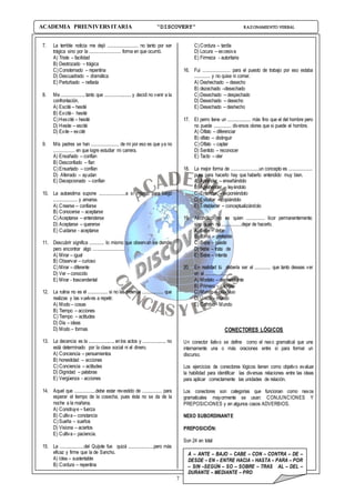 7
ACADEMIA PREUNIVERSITARIA “DISCOVERY” RAZONAMIENTO VERBAL
7. La terrible noticia me dejó ....................... no tanto por ser
trágica sino por la ........................ forma en que ocurrió.
A) Triste – facilidad
B) Destrozado – trágica
C)Consternado – repentina
D) Descuadrado – dramática
E) Perturbado – nefasta
8. Me...................tanto que .....................y decidí no venir a la
confrontación.
A) Escité – hesité
B) Excité- hesité
C)Hexcité – hesité
D) Hesite – escité
D) Exite – excité
9. Mis padres se han ..................... de mí por eso es que ya no
................ en que logre estudiar mi carrera.
A) Ensañado – confían
B) Desconfiado – fían
C)Ensartado – confían
D) Aferrado – ayudan
E) Decepcionado – confían
10. La autoestima supone ....................a sí mismo para luego
.................. y amarse.
A) Creerse – confiarse
B) Conocerse – aceptarse
C)Aceptarse – entenderse
D) Aceptarse – quererse
E) Cuidarse - aceptarse
11. Descubrir significa ........... lo mismo que observan los demás
pero encontrar algo ........................
A) Mirar – igual
B) Observar – curioso
C)Mirar – diferente
D) Ver – conocido
E) Mirar - trascendental
12. La rutina no es el ............... si no las mismas ................ que
realizas y las vuelves a repetir.
A) Modo – cosas
B) Tiempo – acciones
C)Tiempo – actitudes
D) Día – ideas
D) Modo – formas
13. La decencia es la .................... enlos actos y .................. no
está determinado por la clase social ni el dinero.
A) Conciencia – pensamientos
B) honestidad – acciones
C)Conciencia – actitudes
D) Dignidad – palabras
E) Vergüenza - acciones
14. Aquel que ................debe estar revestido de ............... para
esperar el tiempo de la cosecha, pues ésta no se da de la
noche a la mañana.
A) Construye – fuerza
B) Cultiva– constancia
C)Sueña – sueños
D) Visiona – aciertos
E) Cultiva– paciencia.
15. La ..................del Quijote fue quizá ...................pero más
eficaz y firme que la de Sancho.
A) Idea – sustentable
B) Cordura – repentina
C)Cordura – tardía
D) Locura – excesiva
E) Firmeza - autoritaria
16. Fui ..................... para el puesto de trabajo por eso estaba
............ y no quise ni comer.
A) Deshechado – desecho
B) dezechado –desechado
C)Desechado – despechado
D) Desechado – desecho
E) Desechado – deshecho
17. El perro tiene un ................. más fino que el del hombre pero
no puede ............. diversos olores que si puede el hombre.
A) Olfato – diferenciar
B) olfato – distinguir
C)Olfato – captar
D) Sentido – reconocer
E) Tacto – oler
18. La mejor forma de .....................un concepto es ..................
pues para hacerlo hay que haberlo entendido muy bien.
A) Aprender – enseñándolo
B) Aprehender – leyéndolo
C)Entender – exponiéndolo
D) Estudiar – copiándolo
E) Establecer – conceptualizándolo
19. Alcohólico no es quien .............. licor permanentemente;
sino quien no ...............dejar de hacerlo.
A) Bebe – debe
B) Toma – pretende
C)Bebe – puede
D) bebe – trata de
E) Bebe – intenta
20. En realidad tú debería ser el ............ que tanto deseas ver
en el ....................
A) Modelo – descendiente
B) Primero – cambio
C)Mundo – individuo
D) Único – mundo
E) Cambio - Mundo
CONECTORES LÓGICOS
Un conector ilativo se define como el nexo gramatical que une
internamente una o más oraciones entre sí para formar un
discurso.
Los ejercicios de conectores lógicos tienen como objetivo evaluar
la habilidad para identificar las diversas relaciones entre las ideas
para aplicar correctamente las unidades de relación.
Los conectores son categorías que funcionan como nexos
gramaticales mayormente se usan: CONJUNCIONES Y
PREPOSICIONES y en algunos casos ADVERBIOS.
NEXO SUBORDINANTE
PREPOSICIÓN:
Son 24 en total:
A – ANTE – BAJO – CABE – CON – CONTRA – DE –
DESDE – EN – ENTRE HACIA – HASTA – PARA – POR
– SIN –SEGÚN – SO – SOBRE – TRAS AL – DEL –
DURANTE – MEDIANTE – PRO
 