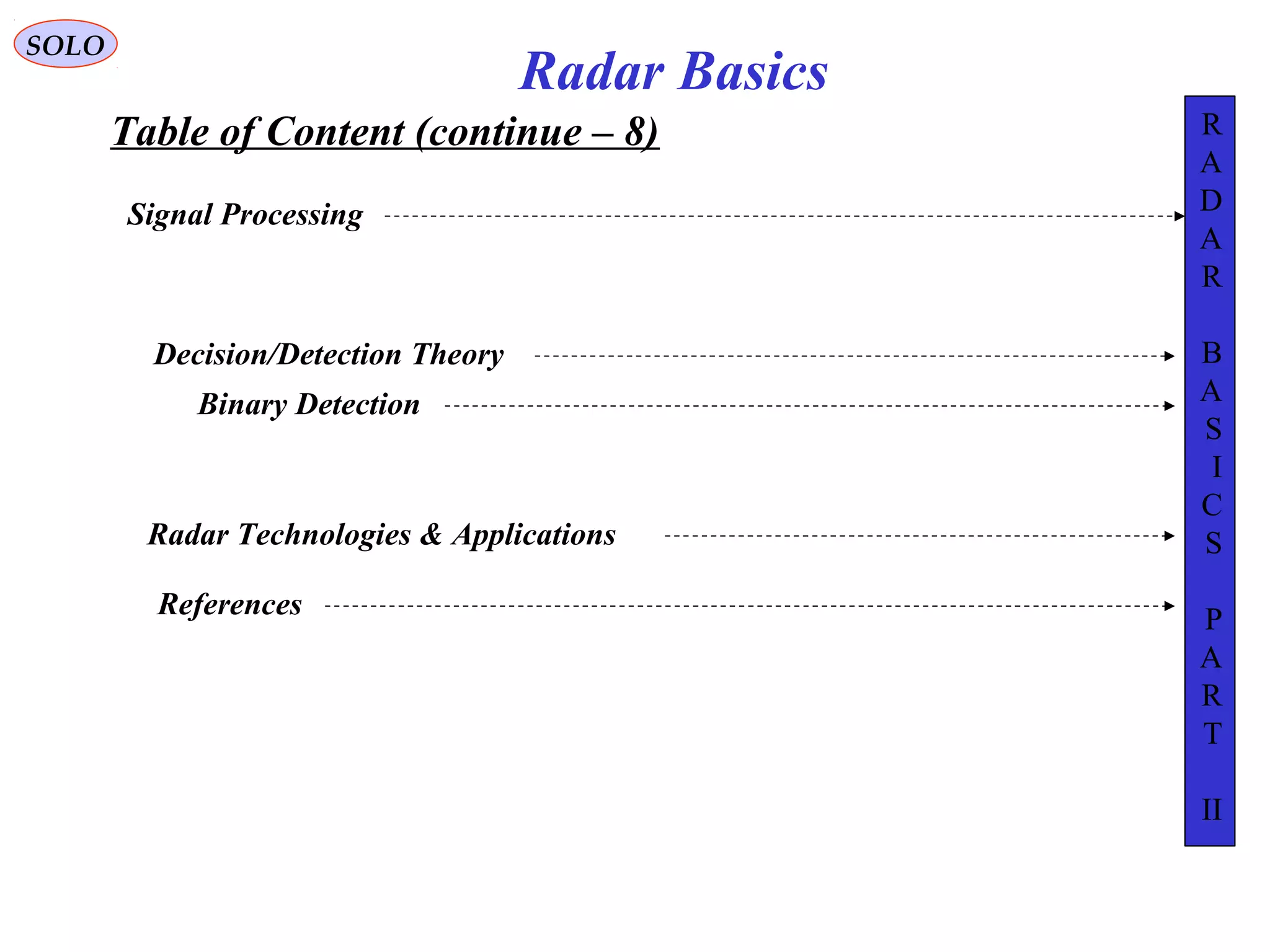 Table of Content (continue – 8)
SOLO
Radar Basics
Signal Processing
Decision/Detection Theory
Binary Detection
Radar Technologies & Applications
References
R
A
D
A
R
B
A
S
I
C
S
P
A
R
T
II
 
