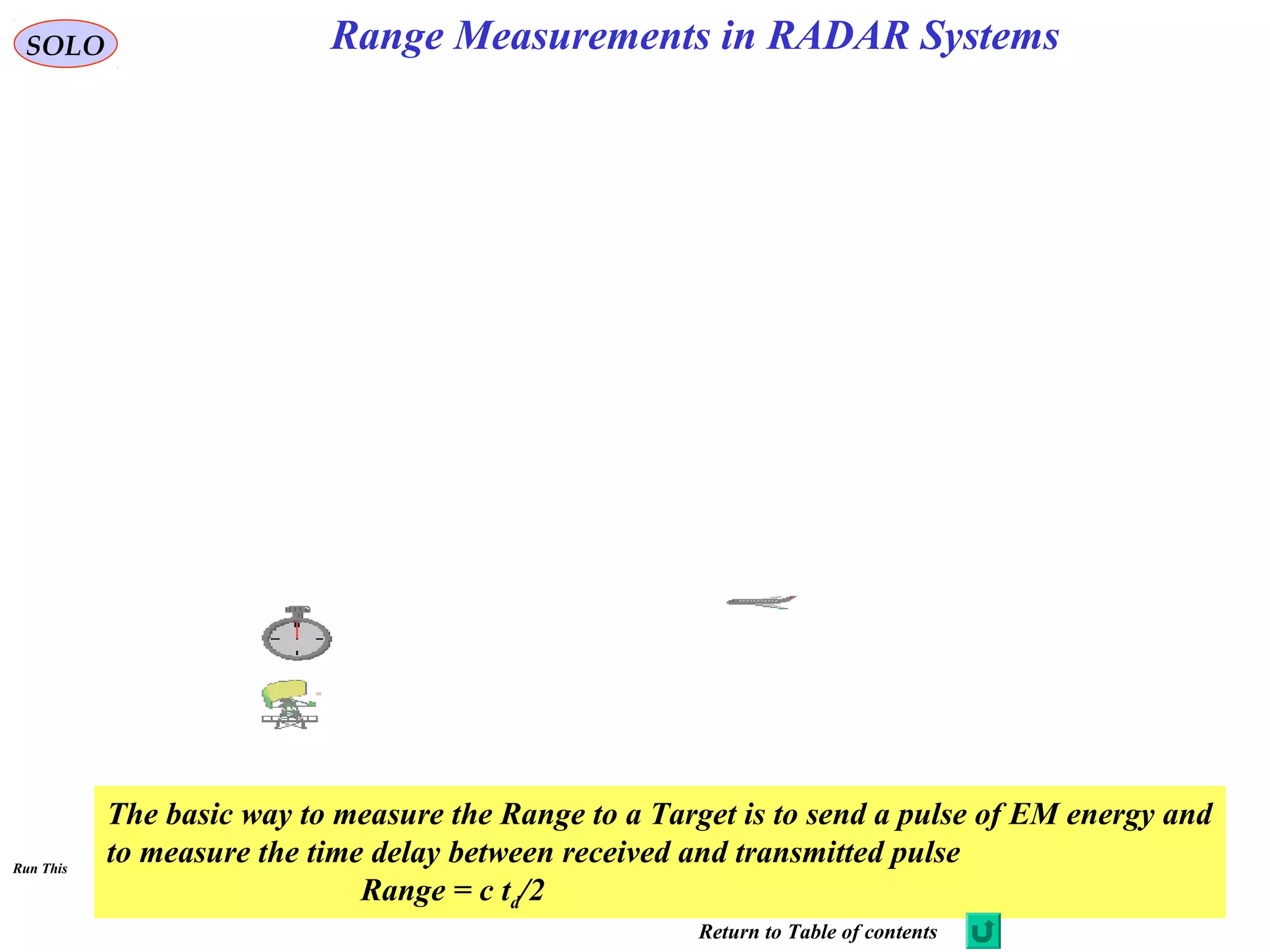 SOLO
The basic way to measure the Range to a Target is to send a pulse of EM energy and
to measure the time delay between received and transmitted pulse
Range = c td/2
Range Measurements in RADAR Systems
Return to Table of contents
Run This
 