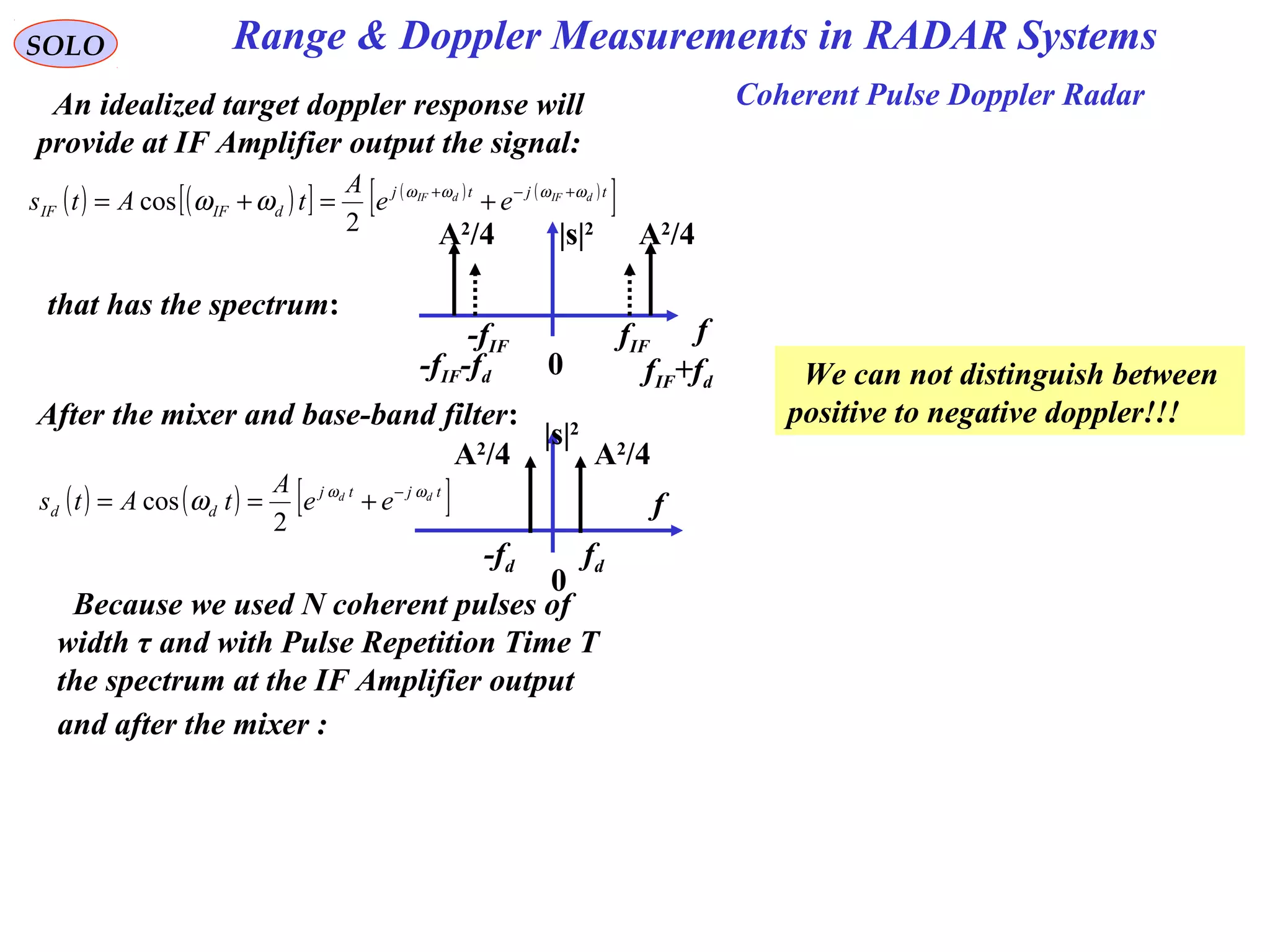 SOLO
Coherent Pulse Doppler RadarAn idealized target doppler response will
provide at IF Amplifier output the signal:
( ) ( )[ ] ( ) ( )
[ ]tjtj
dIFIF
dIFdIF
ee
A
tAts ωωωω
ωω +−+
+=+=
2
cos
that has the spectrum:
f
fIF+fd
-fIF-fd
-fIF fIF
A2
/4A2
/4 |s|2
0
Because we used N coherent pulses of
width τ and with Pulse Repetition Time T
the spectrum at the IF Amplifier output
f
-fd fd
A2
/4A2
/4
|s|2
0
After the mixer and base-band filter:
( ) ( ) [ ]tjtj
dd
dd
ee
A
tAts ωω
ω −
+==
2
cos
We can not distinguish between
positive to negative doppler!!!
and after the mixer :
Range & Doppler Measurements in RADAR Systems
 