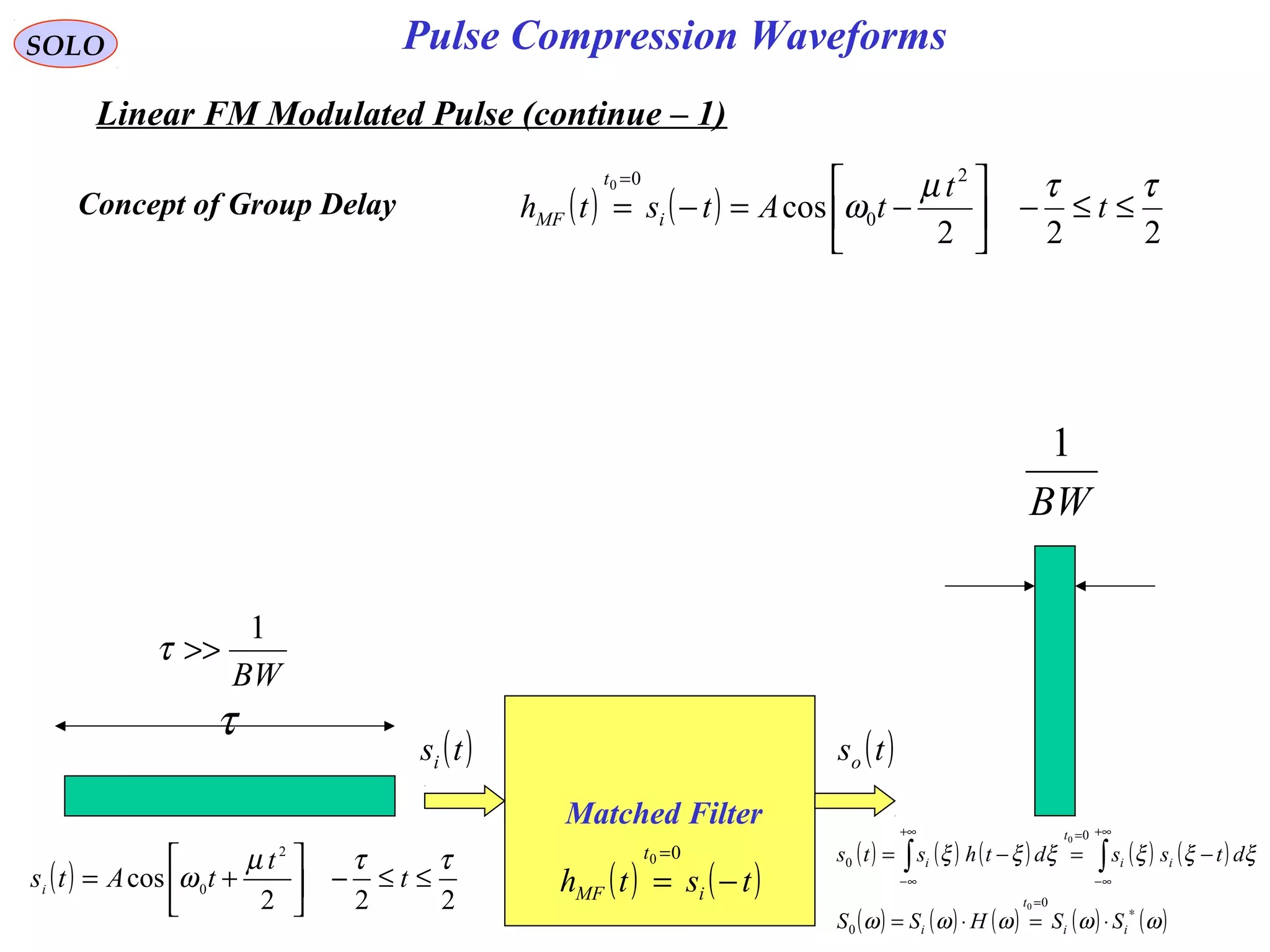 SOLO
Linear FM Modulated Pulse (continue – 1)
Pulse Compression Waveforms
Concept of Group Delay
BW
1
>>τ
τ
BW
1
( )
222
cos
2
0
ττµ
ω ≤≤−





+= t
t
tAtsi
( ) ( )
222
cos
2
0
00 ττµ
ω ≤≤−





−=−=
=
t
t
tAtsth i
t
MF
Matched Filter
( )tsi ( )tso
( ) ( )tsth i
t
MF −=
=00 ( ) ( ) ( ) ( ) ( )
( ) ( ) ( ) ( ) ( )ωωωωω
ξξξξξξ
∗
=
+∞
∞−
=+∞
∞−
⋅=⋅=
−=−= ∫∫
ii
t
i
ii
t
i
SSHSS
dtssdthsts
0
0
0
0
0
0
 