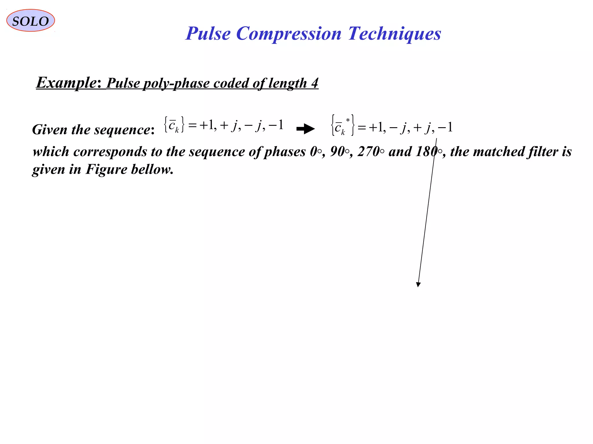 SOLO
Example: Pulse poly-phase coded of length 4
Given the sequence: { } 1,,,1 −−++= jjck
which corresponds to the sequence of phases 0◦, 90◦, 270◦ and 180◦, the matched filter is
given in Figure bellow.
{ } 1,,,1
*
−+−+= jjck
Pulse Compression Techniques
 