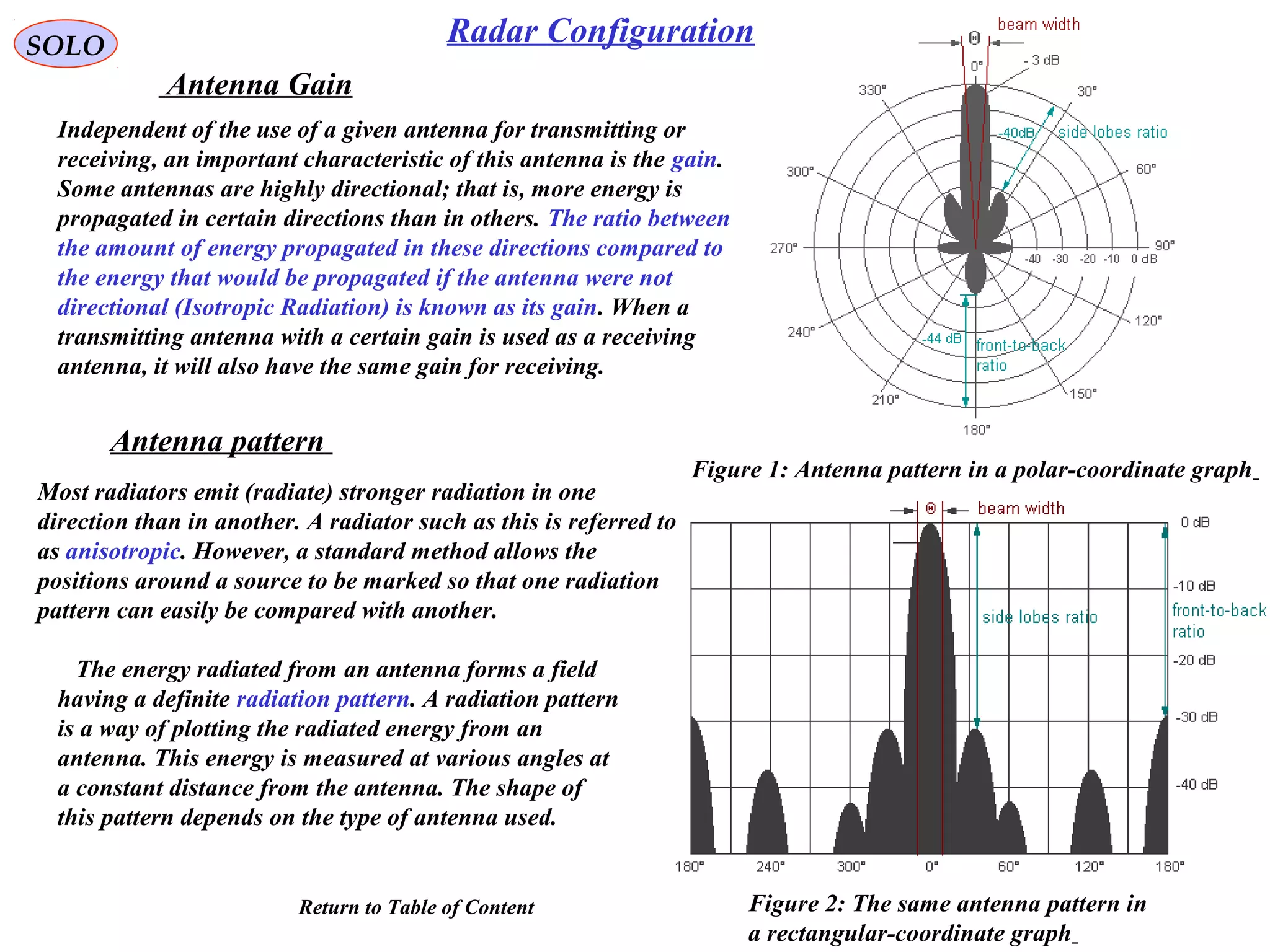 SOLO Radar Configuration
Antenna pattern
Figure 1: Antenna pattern in a polar-coordinate graph
Figure 2: The same antenna pattern in
a rectangular-coordinate graph
Most radiators emit (radiate) stronger radiation in one
direction than in another. A radiator such as this is referred to
as anisotropic. However, a standard method allows the
positions around a source to be marked so that one radiation
pattern can easily be compared with another.
The energy radiated from an antenna forms a field
having a definite radiation pattern. A radiation pattern
is a way of plotting the radiated energy from an
antenna. This energy is measured at various angles at
a constant distance from the antenna. The shape of
this pattern depends on the type of antenna used.
Antenna Gain
Independent of the use of a given antenna for transmitting or
receiving, an important characteristic of this antenna is the gain.
Some antennas are highly directional; that is, more energy is
propagated in certain directions than in others. The ratio between
the amount of energy propagated in these directions compared to
the energy that would be propagated if the antenna were not
directional (Isotropic Radiation) is known as its gain. When a
transmitting antenna with a certain gain is used as a receiving
antenna, it will also have the same gain for receiving.
Return to Table of Content
 