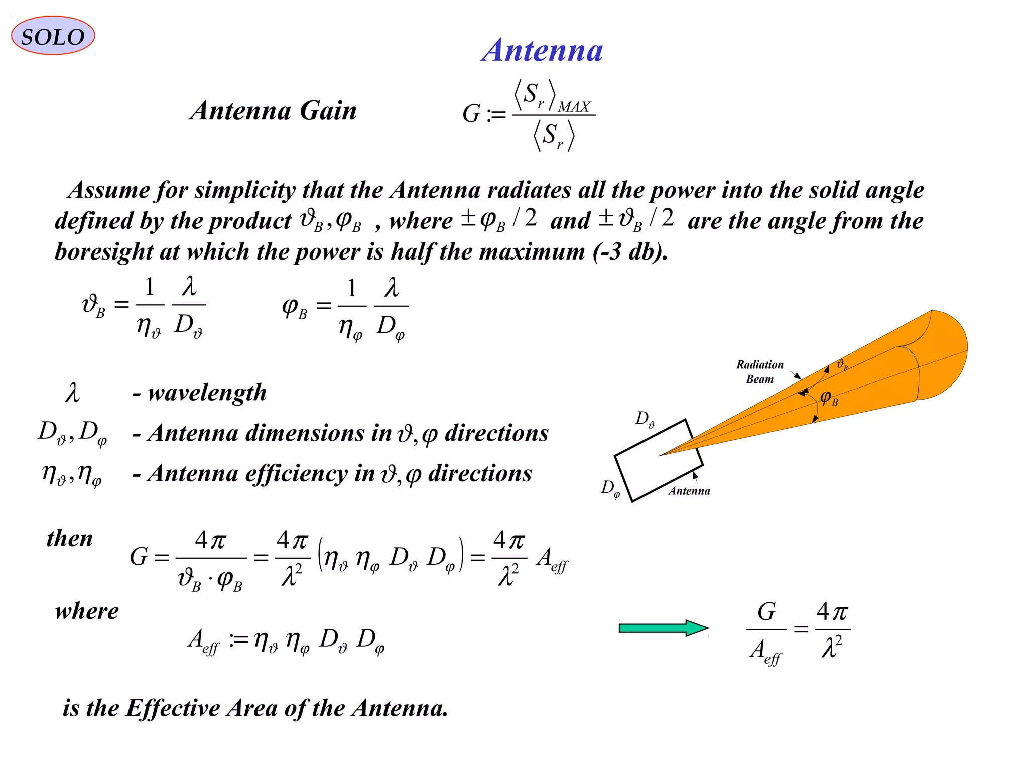 r
MAXr
S
S
G =:
Antenna
Bϕ
Bϑ
ϕD
ϑD
Antenna
Radiation
Beam
Assume for simplicity that the Antenna radiates all the power into the solid angle
defined by the product , where and are the angle from the
boresight at which the power is half the maximum (-3 db).
BB ϕϑ , 2/Bϕ± 2/Bϑ±
ϑϑ
λ
η
ϑ
D
B
1
=
ϕϕ
λ
η
ϕ
D
B
1
=
λ - wavelength
ϕϑ DD , - Antenna dimensions in directionsϕϑ,
ϕϑ ηη , - Antenna efficiency in directionsϕϑ,
then
( ) eff
BB
ADDG 22
444
λ
π
ηη
λ
π
ϕϑ
π
ϕϑϕϑ ==
⋅
=
where
ϕϑϕϑ ηη DDAeff =:
is the Effective Area of the Antenna.
2
4
λ
π
=
effA
G
SOLO
Antenna Gain
 