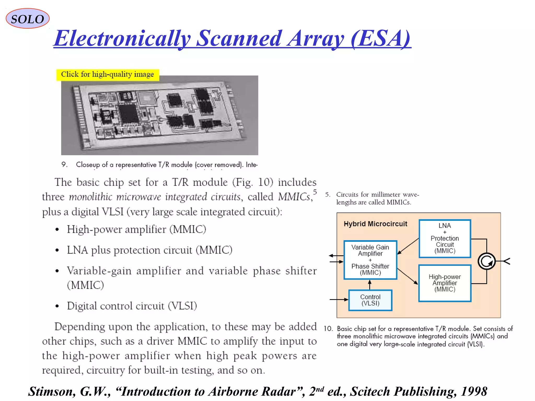 SOLO
Electronically Scanned Array (ESA)
Stimson, G.W., “Introduction to Airborne Radar”, 2nd
ed., Scitech Publishing, 1998
 