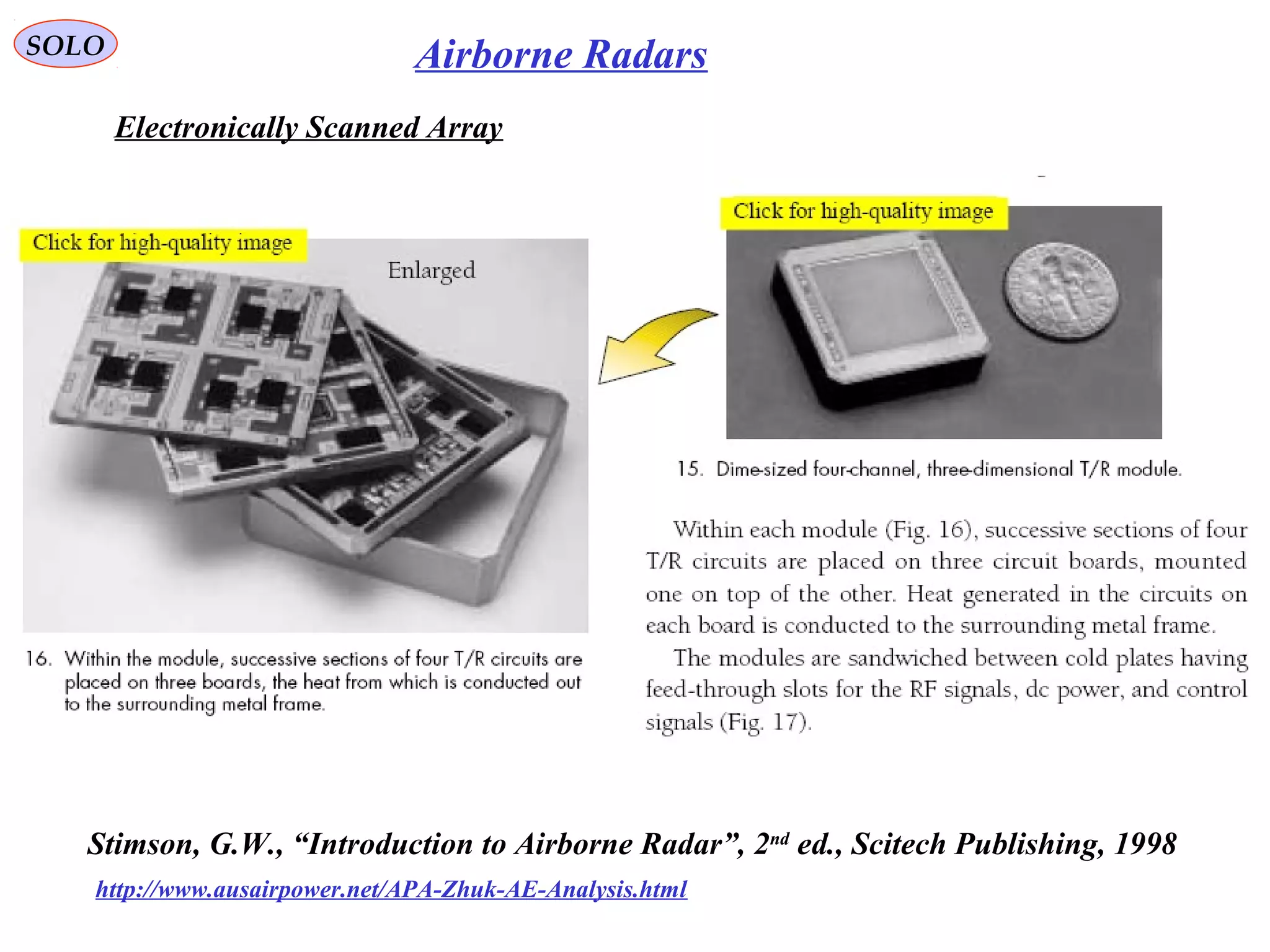 SOLO Airborne Radars
Electronically Scanned Array
Stimson, G.W., “Introduction to Airborne Radar”, 2nd
ed., Scitech Publishing, 1998
http://www.ausairpower.net/APA-Zhuk-AE-Analysis.html
 
