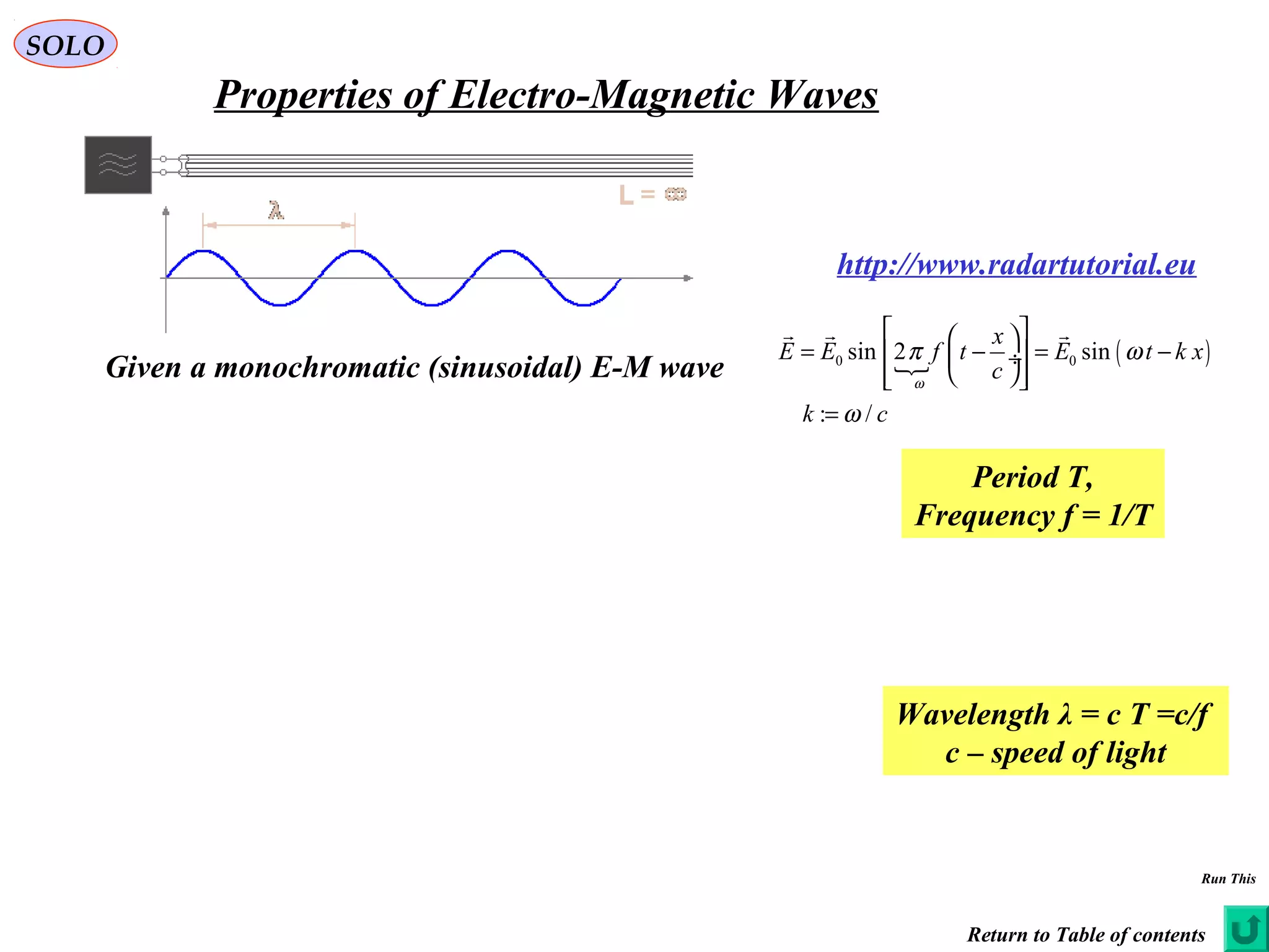 SOLO
Properties of Electro-Magnetic Waves
http://www.radartutorial.eu
Given a monochromatic (sinusoidal) E-M wave  ( )0 0sin 2 sin
: /
x
E E f t E t k x
c
k c
ω
π ω
ω
  
= − = −  ÷
   
=
  
Period T,
Frequency f = 1/T
Wavelength λ = c T =c/f
c – speed of light
Return to Table of contents
Run This
 