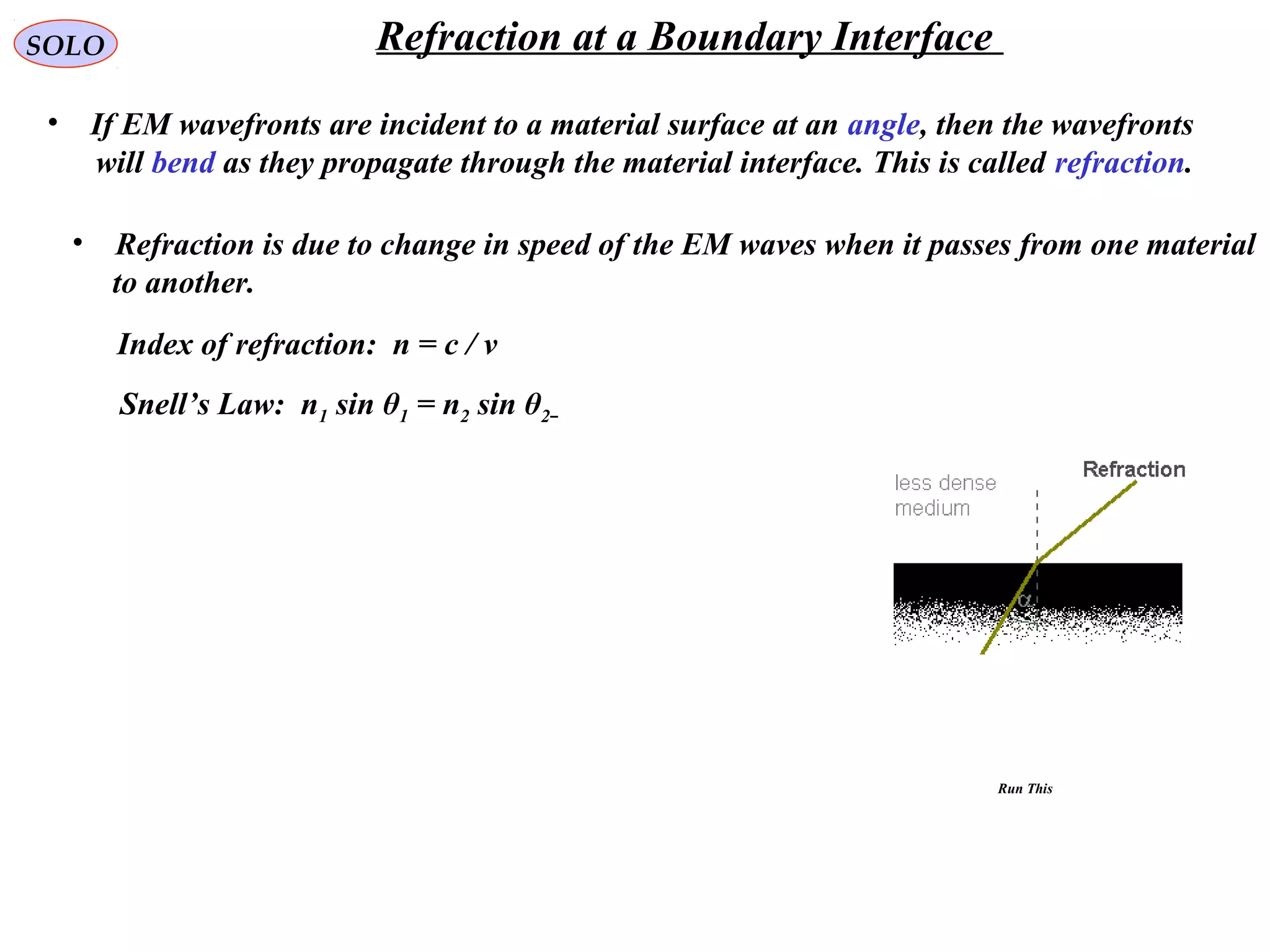 SOLO Refraction at a Boundary Interface
• If EM wavefronts are incident to a material surface at an angle, then the wavefronts
will bend as they propagate through the material interface. This is called refraction.
• Refraction is due to change in speed of the EM waves when it passes from one material
to another.
Index of refraction: n = c / v
Snell’s Law: n1 sin θ1 = n2 sin θ2
Run This
 