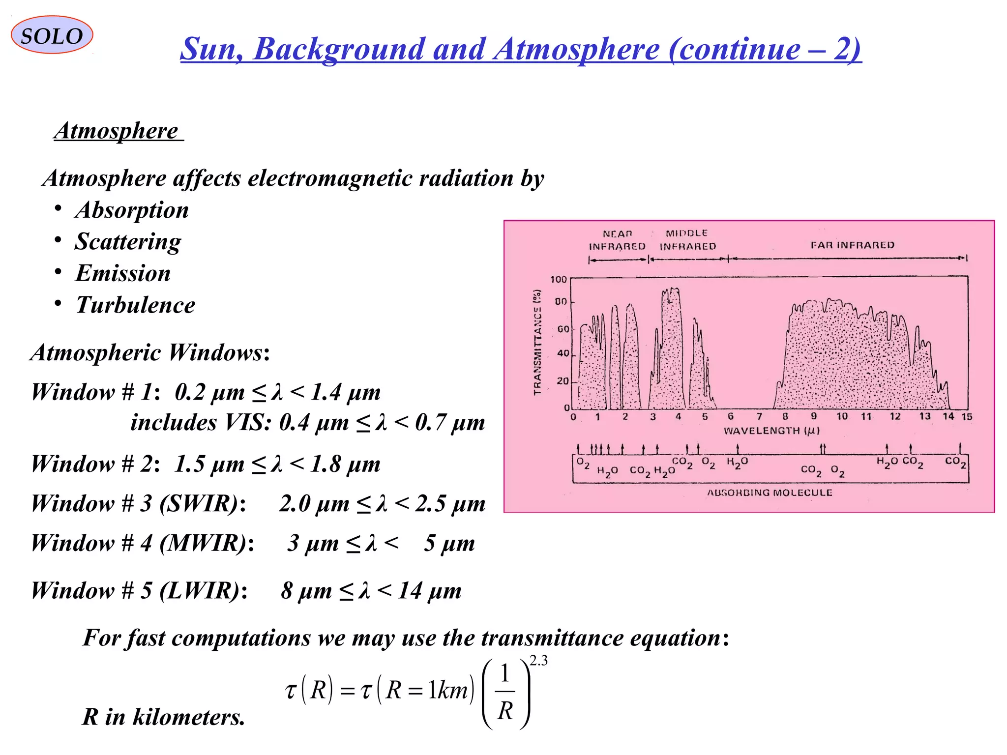 SOLO
Sun, Background and Atmosphere (continue – 2)
Atmosphere
Atmosphere affects electromagnetic radiation by
( ) ( )
3.2
1
1 





==
R
kmRR ττ
• Absorption
• Scattering
• Emission
• Turbulence
Atmospheric Windows:
Window # 2: 1.5 μm ≤ λ < 1.8 μm
Window # 4 (MWIR): 3 μm ≤ λ < 5 μm
Window # 5 (LWIR): 8 μm ≤ λ < 14 μm
For fast computations we may use the transmittance equation:
R in kilometers.
Window # 1: 0.2 μm ≤ λ < 1.4 μm
includes VIS: 0.4 μm ≤ λ < 0.7 μm
Window # 3 (SWIR): 2.0 μm ≤ λ < 2.5 μm
 