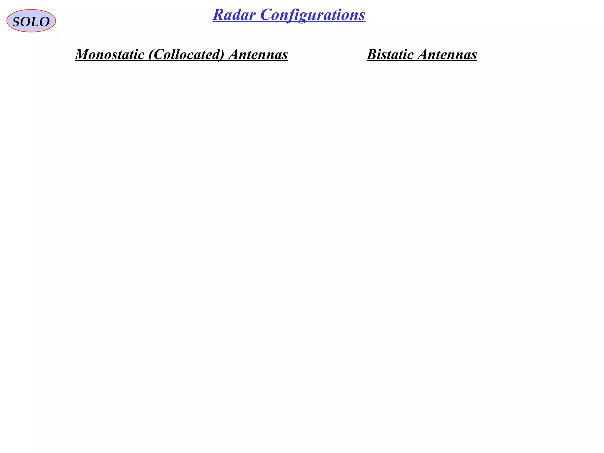 SOLO Radar Configurations
Monostatic (Collocated) Antennas Bistatic Antennas
 