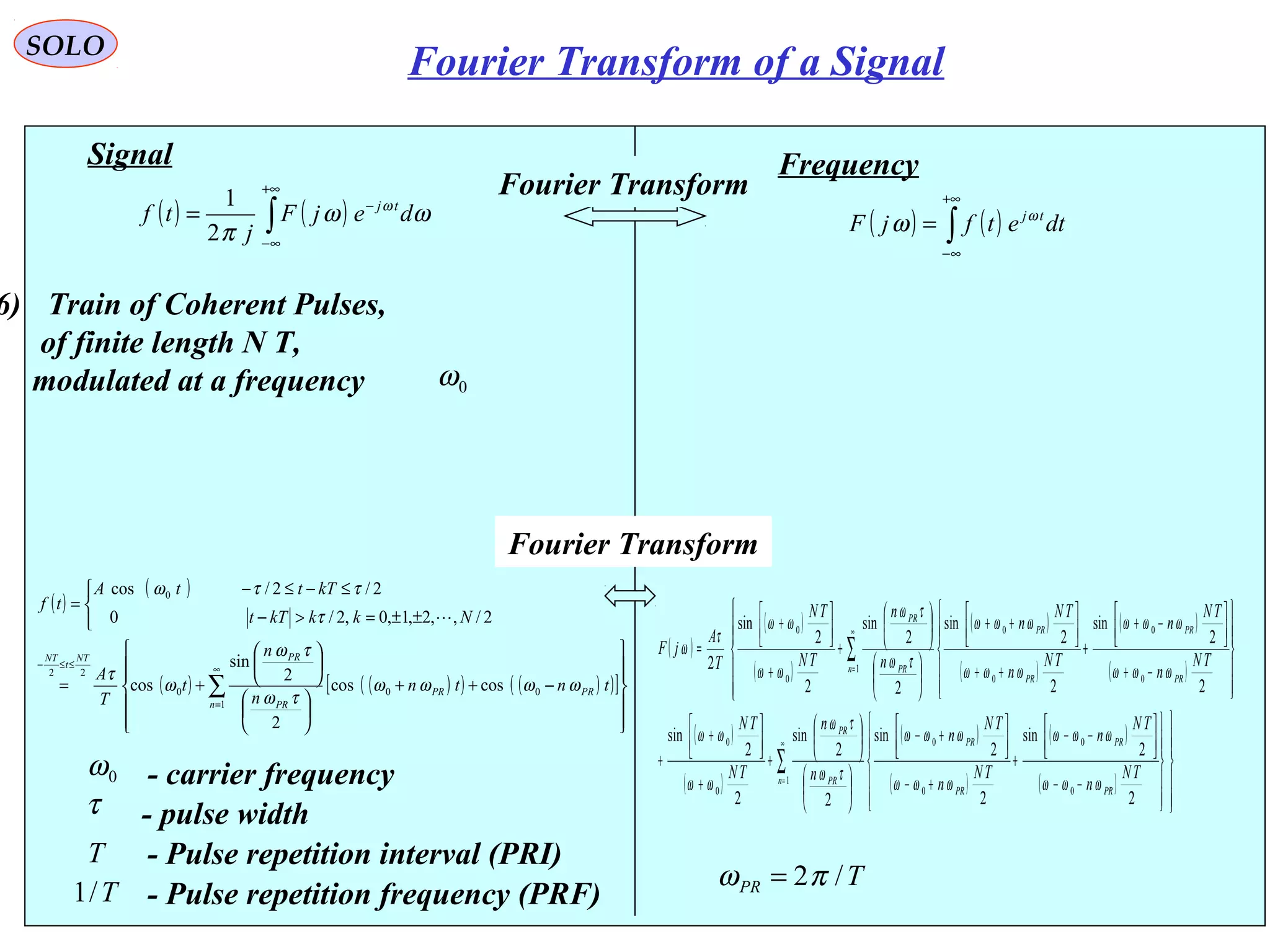 ( ) ( )∫
+∞
∞−
−
= ωω
π
ω
dejF
j
tf tj
2
1
Signal
( )
( )
( ) ( )( ) ( )( )[ ]












−++












+=



±±=>−
≤−≤−
=
∑
∞
=
≤≤−
1
000
22
0
coscos
2
2
sin
cos
2/,,2,1,0,2/0
2/2/cos
n
PRPR
PR
PRNT
t
NT
tntn
n
n
t
T
A
NkkkTt
kTttA
tf
ωωωω
τω
τω
ω
τ
τ
ττω

τ - pulse width
Frequency
( ) ( )∫
+∞
∞−
= dtetfjF tjω
ω
Fourier Transform
Fourier Transform
0ω - carrier frequency
6) Train of Coherent Pulses,
of finite length N T,
modulated at a frequency 0ω
T - Pulse repetition interval (PRI)
( )
( )
( )
( )
( )
( )
( )
( )
( )
( )
( )
( )
( )



















−−




−−
+
+−




+−












+
+




+
+



















−+




−+
+
++




++












+
+




+
=
∑
∑
∞
=
∞
=
1
0
0
0
0
0
0
1
0
0
0
0
0
0
2
2
sin
2
2
sin
2
2
sin
2
2
sin
2
2
sin
2
2
sin
2
2
sin
2
2
sin
2
n
PR
PR
PR
PR
PR
PR
n
PR
PR
PR
PR
PR
PR
TN
n
TN
n
TN
n
TN
n
n
n
TN
TN
TN
n
TN
n
TN
n
TN
n
n
n
TN
TN
T
A
jF
ωωω
ωωω
ωωω
ωωω
τω
τω
ωω
ωω
ωωω
ωωω
ωωω
ωωω
τω
τω
ωω
ωω
τ
ω
T/1 - Pulse repetition frequency (PRF)
TPR /2πω =
SOLO
Fourier Transform of a Signal
 