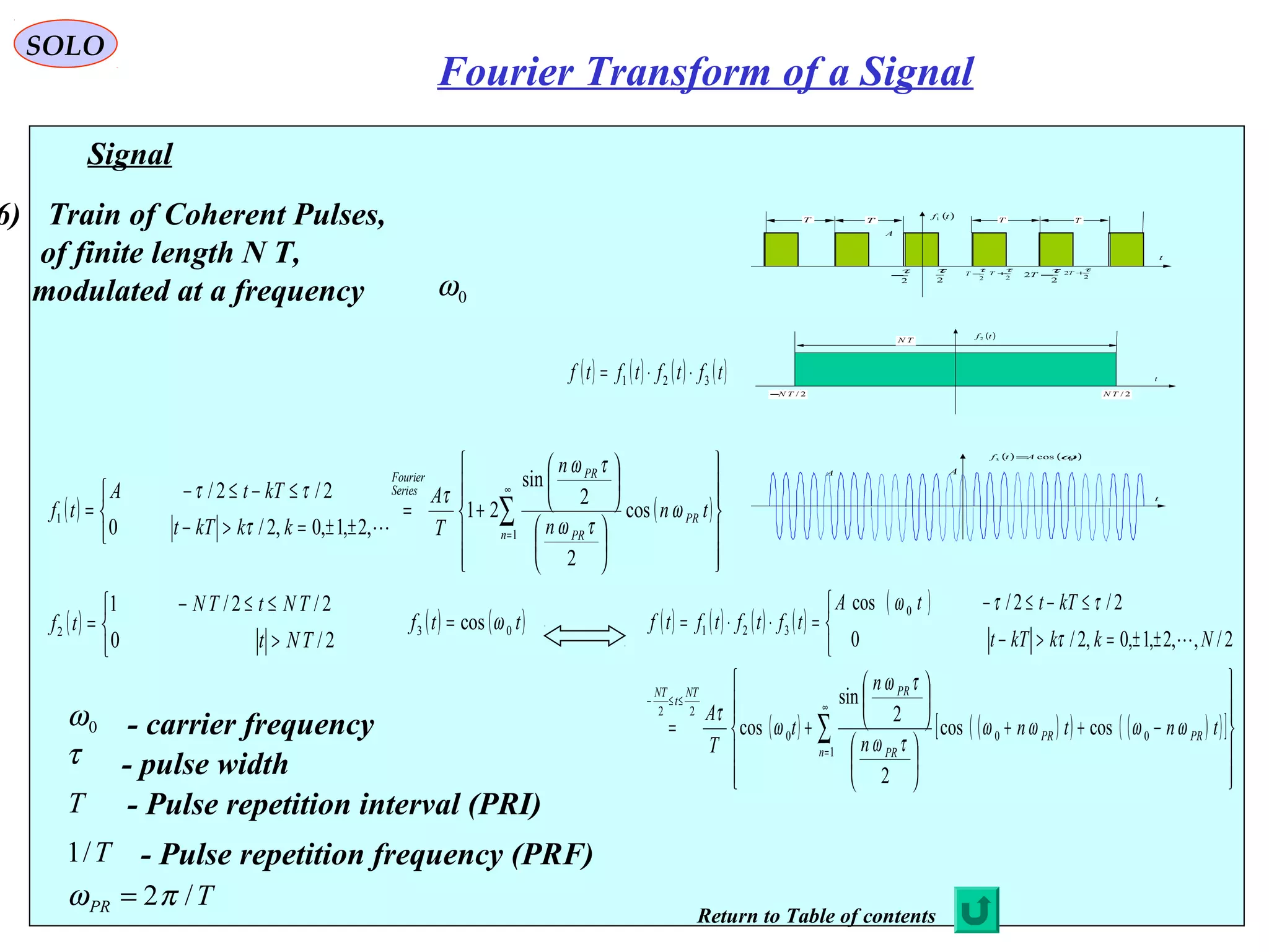Signal
( ) ( )
























+=



±±=>−
≤−≤−
= ∑
∞
=1
1 cos
2
2
sin
21
,2,1,0,2/0
2/2/
n
PR
PR
PR
Series
Fourier
tn
n
n
T
A
kkkTt
kTtA
tf ω
τω
τω
τ
τ
ττ

τ - pulse width
0ω - carrier frequency
6) Train of Coherent Pulses,
of finite length N T,
modulated at a frequency 0ω
T - Pulse repetition interval (PRI)
T/1 - Pulse repetition frequency (PRF)
TPR /2πω =
( ) ( )tAtf 03 cos ω=
t
A A
( )tf1
t
2
τ
2
τ
−T
A
T T
2
2
τ+T
2
2
τ−T
T T
2
τ− 2
τ+T
( )tf2
t
TN
2/TN2/TN−
( ) ( ) ( ) ( )tftftftf 321 ⋅⋅=
( ) ( ) ( ) ( )
( )
( ) ( )( ) ( )( )[ ]












−++












+=



±±=>−
≤−≤−
=⋅⋅=
∑
∞
=
≤≤−
1
000
22
0
321
coscos
2
2
sin
cos
2/,,2,1,0,2/0
2/2/cos
n
PRPR
PR
PRNT
t
NT
tntn
n
n
t
T
A
NkkkTt
kTttA
tftftftf
ωωωω
τω
τω
ω
τ
τ
ττω

( )



>
≤≤−
=
2/0
2/2/1
2
TNt
TNtTN
tf ( ) ( )ttf 03 cos ω=
SOLO
Fourier Transform of a Signal
Return to Table of contents
 