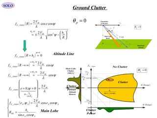 ah
MV
e
ψ
R
ψcosR
Horizontal
Ground
Transmitter
& Receiver
Main Lobe
Beam
Ae
Aψ
0=pθ
( )
2
2
0
_
cos
2
coscos
2






−±=
=
=
R
hV
e
V
Rf
aM
M
clutterd
p
ψ
λ
ψ
λ
θ
( ) 0
0
_
=
==
ψ
aclutterd hRf
( ) ψ
λ
θ
cos
20
_
M
e
clutterd
V
Rf
p =+
=∞→
( ) ψ
λ
πθ
cos
2
_
M
e
clutterd
V
Rf
p
−=∞→
=+
Altitude Line
λ
ψ
θ
M
h
R
clutterd
V
ef
p
a
2
0,0
cos
_ =












==
=

clutterdf _
( )RangeR
( )RangeR
Clutter
No Clutter
Clutter
Power
Clutter
Power
Main Lobe
Clutter
(MLC)
Altitude
Return
λ
MV2
0=pθ
AA
M
e
V
coscos
2
ψ
λ
λ
MV2
−
AA
a
e
h
ψcossin
( )






=
=
AA
a
ML
AA
M
AAclutterd
e
h
R
e
V
ef
ψ
ψ
λ
ψ
cossin
coscos
2
,_
Main Lobe
0=pθ
SOLO
Ground Clutter
 