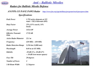 SOLO Anti – Ballistic Missiles
AN/FPS-115 PAVE PAWS Radar 
Peak Power 1,792 active elements at 325 
watts = 582.4 kilowatts (kW)
Duty Factor 25% (11% search, 14% 
track)
Average Power 145.6 kW
Effective Transmit 
Gain
37.92 dB
Active Radar Diameter 22.1 m
Frequency 420 MHz – 450 MHz
Radar Detection Range 5,556 km (3,000 nmi)
Wavelength 0.69 m at 435 MHz
Sidelobs -20 dB (1st
), -30 dB (2nd
)
-- 38 dB (root mean square)
Face Tilt 20 degrees
Number of Faces 2
3 db Beam Width 2.2 degrees
Specifications
http://www.fas.org/spp/military/program/track/pavepaws.htm
Radars for Ballistic Missile Defense
 