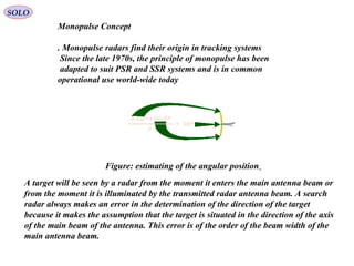 SOLO
Figure: estimating of the angular position
Monopulse Concept
Monopulse radars find their origin in tracking systems.
Since the late 1970s, the principle of monopulse has been
adapted to suit PSR and SSR systems and is in common
operational use world-wide today
A target will be seen by a radar from the moment it enters the main antenna beam or
from the moment it is illuminated by the transmitted radar antenna beam. A search
radar always makes an error in the determination of the direction of the target
because it makes the assumption that the target is situated in the direction of the axis
of the main beam of the antenna. This error is of the order of the beam width of the
main antenna beam.
 