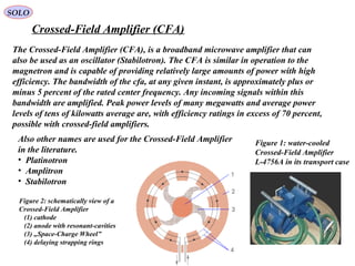 SOLO
The Crossed-Field Amplifier (CFA), is a broadband microwave amplifier that can
also be used as an oscillator (Stabilotron). The CFA is similar in operation to the
magnetron and is capable of providing relatively large amounts of power with high
efficiency. The bandwidth of the cfa, at any given instant, is approximately plus or
minus 5 percent of the rated center frequency. Any incoming signals within this
bandwidth are amplified. Peak power levels of many megawatts and average power
levels of tens of kilowatts average are, with efficiency ratings in excess of 70 percent,
possible with crossed-field amplifiers.
Crossed-Field Amplifier (CFA)
Also other names are used for the Crossed-Field Amplifier
in the literature.
• Platinotron
• Amplitron
• Stabilotron
Figure 2: schematically view of a
Crossed-Field Amplifier
(1) cathode
(2) anode with resonant-cavities
(3) „Space-Charge Wheel”
(4) delaying strapping rings
Figure 1: water-cooled
Crossed-Field Amplifier
L-4756A in its transport case
 