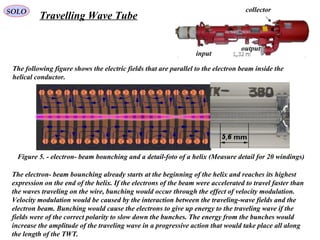 SOLO
Travelling Wave Tube
collector
input
output
Figure 5. - electron- beam bounching and a detail-foto of a helix (Measure detail for 20 windings)
The following figure shows the electric fields that are parallel to the electron beam inside the
helical conductor.
The electron- beam bounching already starts at the beginning of the helix and reaches its highest
expression on the end of the helix. If the electrons of the beam were accelerated to travel faster than
the waves traveling on the wire, bunching would occur through the effect of velocity modulation.
Velocity modulation would be caused by the interaction between the traveling-wave fields and the
electron beam. Bunching would cause the electrons to give up energy to the traveling wave if the
fields were of the correct polarity to slow down the bunches. The energy from the bunches would
increase the amplitude of the traveling wave in a progressive action that would take place all along
the length of the TWT.
 