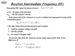 SOLO
Transmitted RF signal (in phasor form) is ( ) ( )tpetS tj
Tr
RFω
=
p (t) - the pulse train function
At the front-end of the Antenna we receive a shifted and attenuated version of the
transmitted pulse:
( ) ( )
( )cRtpeVtS tj
cv
TRF
/2Re −= −ωω
ωRF - the RF angular velocity
ωT - the target’s Doppler shift
2 R/c time delay between transmission and reception
V – random complex voltage strength
c – velocity of light
We assume that from the Antenna emerge radar signal of the Sum S and
Difference D
( )
( )
( )
( ) ( )cRtpFeVD
cRtpeVS
tj
tj
TRF
TRF
/2
/2
−∆=
−=
−
−
ψωω
ωω
Receiver Intermediate Frequency (IF)
 