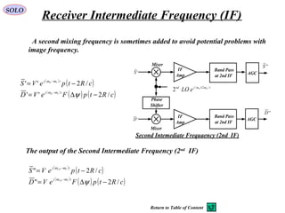 SOLO
A second mixing frequency is sometimes added to avoid potential problems with
image frequency.
IF
Amp
'S
''S
( ) tjnd IFIF
eLO ωω 2
2 ±
Mixer
Second Intemediate Frequaency (2nd IF)
IF
Amp
'D
''D
Mixer
Phase
Shifter
AGC
AGC
Band Pass
at 2nd IF
Band Pass
at 2nd IF
( )
( )
( )
( ) ( )cRtpFeVD
cRtpeVS
tj
tj
TIF
TIF
/2"
/2"
2
2
−∆=
−=
−
−
ψ
ωω
ωω
The output of the Second Intermediate Frequency (2nd
IF)
( )
( )
( )
( ) ( )cRtpFeVD
cRtpeVS
tj
tj
TIF
TIF
/2''
/2''
−∆=
−=
−
−
ψωω
ωω
Receiver Intermediate Frequency (IF)
Return to Table of Content
 