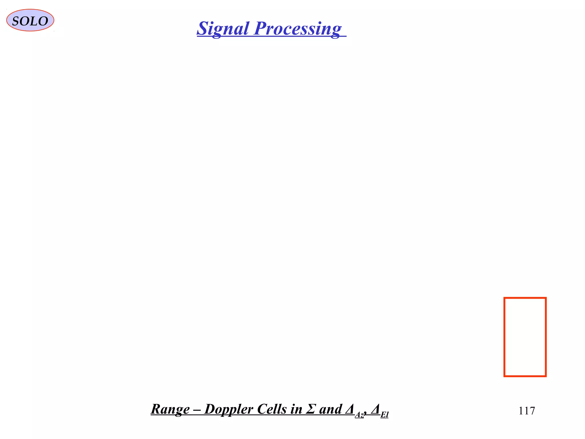 117
SOLO
Signal Processing
Range – Doppler Cells in Σ and ΔAz, ΔEl
 