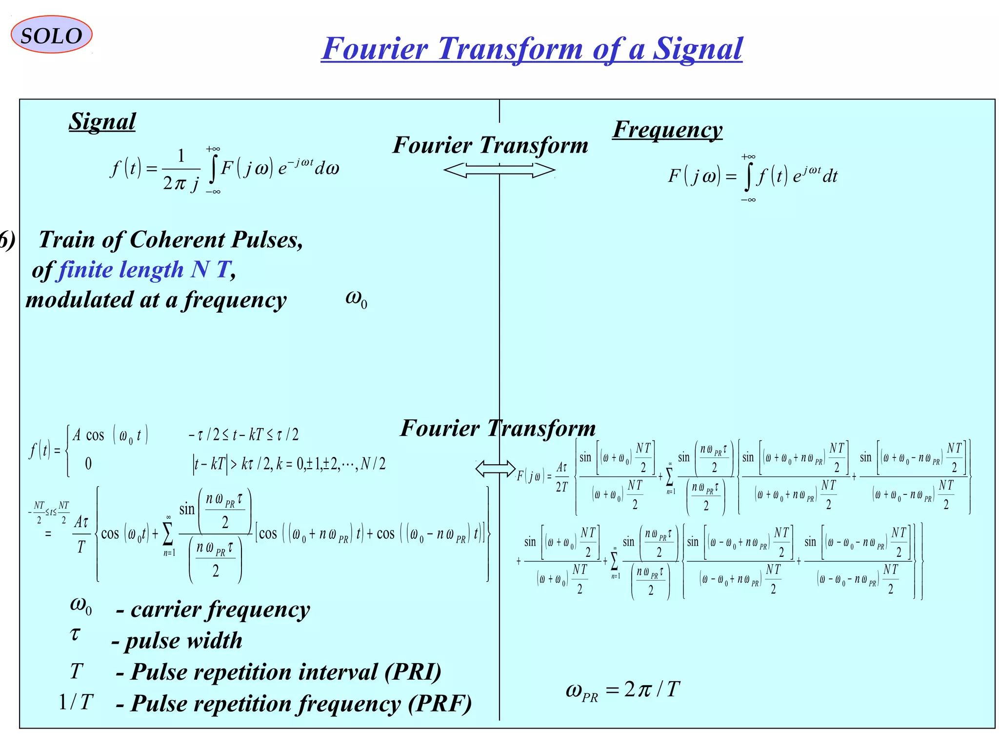 21
( ) ( )∫
+∞
∞−
−
= ωω
π
ω
dejF
j
tf tj
2
1
Signal
( )
( )
( ) ( )( ) ( )( )[ ]












−++












+=



±±=>−
≤−≤−
=
∑
∞
=
≤≤−
1
000
22
0
coscos
2
2
sin
cos
2/,,2,1,0,2/0
2/2/cos
n
PRPR
PR
PRNT
t
NT
tntn
n
n
t
T
A
NkkkTt
kTttA
tf
ωωωω
τω
τω
ω
τ
τ
ττω

τ - pulse width
Frequency
( ) ( )∫
+∞
∞−
= dtetfjF tjω
ω
Fourier Transform
Fourier Transform
0ω - carrier frequency
6) Train of Coherent Pulses,
of finite length N T,
modulated at a frequency 0ω
T - Pulse repetition interval (PRI)
( )
( )
( )
( )
( )
( )
( )
( )
( )
( )
( )
( )
( )



















−−




−−
+
+−




+−












+
+




+
+



















−+




−+
+
++




++












+
+




+
=
∑
∑
∞
=
∞
=
1
0
0
0
0
0
0
1
0
0
0
0
0
0
2
2
sin
2
2
sin
2
2
sin
2
2
sin
2
2
sin
2
2
sin
2
2
sin
2
2
sin
2
n
PR
PR
PR
PR
PR
PR
n
PR
PR
PR
PR
PR
PR
TN
n
TN
n
TN
n
TN
n
n
n
TN
TN
TN
n
TN
n
TN
n
TN
n
n
n
TN
TN
T
A
jF
ωωω
ωωω
ωωω
ωωω
τω
τω
ωω
ωω
ωωω
ωωω
ωωω
ωωω
τω
τω
ωω
ωω
τ
ω
T/1 - Pulse repetition frequency (PRF)
TPR /2πω =
SOLO
Fourier Transform of a Signal
 